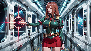 Inside the Sci-Fi Train, she wears a tight green armor, touching her red lips while gazing at the galaxy through the porthole.