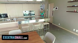 Naughty small housekeeper climbs on top for swift fuck & orgasm!