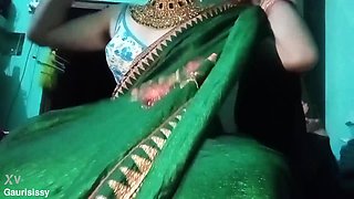 Indian Batty boy Bottom Crossdresser Gaurisissy pressing his baps so stiff with strong jwellery in green Saree real hardcore bang-out
