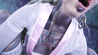 Tattooed Chick's Tattooed Dick riding Passion Glasses, Buttplug, and DP, Facial