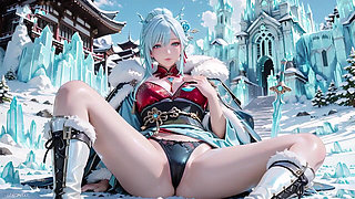 Silver-haired Maid in an Ice Palace! Red & Green Kimono, Legs Spread Wide