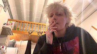 Goth Girl No Makeup Smoking a Cigarette