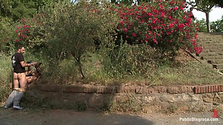 Spanish hottie gets throat fucked on the street  bound in front of a busy cafe!