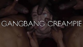 Sophia Locke takes load after load inside during a gangbang and then gets cleaned up