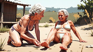 Two Skinny 90 Year Old Grannies - One Licks the Other's Feet in Humiliation