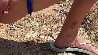 Strong Piss with Beach View! Redhead Girl Pee