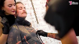 Latex Femdoms Dominate Tattooed Slave – Urethral Sounding, Ureta Fingering, Dominatrix