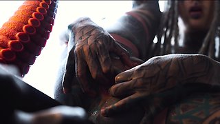 Gorgeous tattooed girl fucks her ass with a big dildo