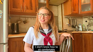 Cosplay in Japanese College Uniform, Girl Masturbates and Cums in the Kitchen