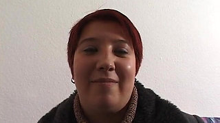 Chubby redhead slut toys her hairy cunt at the casting