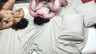 Horny Wife Shows Off at Party Then Takes Friend's BBC Bareback in Front of Cuckold Husband - Blonde Teen & Brunette Brazilian Threesome