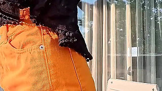 Hot Long Legs Sexy Beauty on the Balcony Flashes Her Panties Under Her Skirt Then Takes Underwear off to Show Tight Pussy