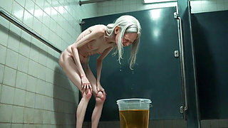 Old Granny Public Pissing in Bucket - Hairy Wet Pussy & Real Orgasm
