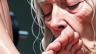 Elderly Granny Worshipping Muscular Domme Feet in Gym