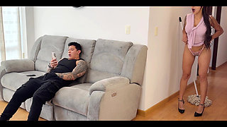 Caught Masturbating! Horny MILF Massages Her Pussy While Watching Her Stepson