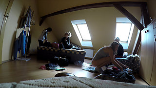 Fitting room with 4 fully naked girls chatting and choosing clothes