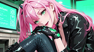 Pink-haired Leather Tech! Private Vibes in a Neon-lit Cyber Corridor.