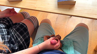 Hot High Schoolgirl Handjob with Panties and Footjob in History Class Under the Table. at College.