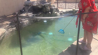 BBW Cleaning Her Pool