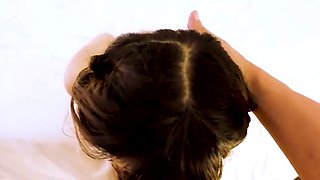 Nude Asian brown-haired performs erotic hand job while