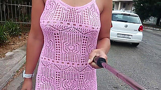 A Public Walk Around the City Without Underwear in a Transparent Dress