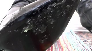 Smoking MILF Mistress Lady Victoria Valente POV - German Femdom Crushes Green Jelly Dessert With Leather Boots