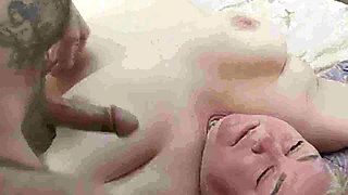 Filled the mouth of a fat woman with big tits with cum after jerking off a penis close up