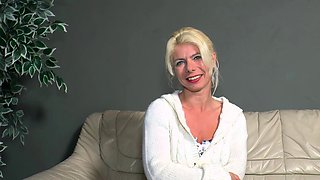 German mature blonde does first solo casting and masturbates