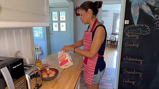 Hot wife with amazing natural tits gets her pussy filled while working in the kitchen