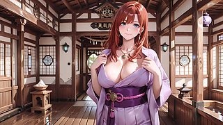 Red-haired Kimono Goddess! Kneeling Under the Sacred Torii Gate, She Adjusts Her Soaked Backless Outfit with a Shy Gaze.