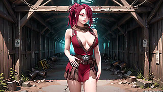 Redhead Warrior in Ruins! Forbidden Encounter in the Industrial Wasteland, her tight combat suit soaked and hazy eyes.