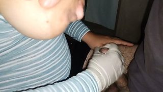 The chubby busty nurse comes to check on my health and ends up jerking me off until I end up in her face
