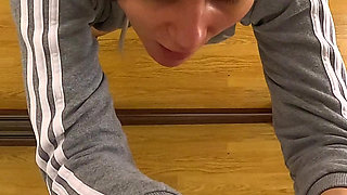 Mirror fuck with guy in a cap (kisses, big dick blowjob, standing doggy)