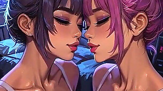 Cyberpunk Lesbians Tongue and Kiss Fetish, Ai Animation
