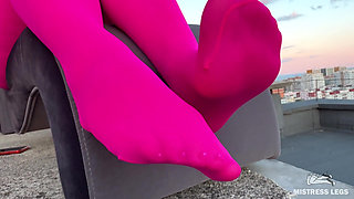 Pink Nylon Tease on the Rooftop at Sunset - Feet and Big Ass