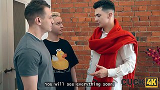 Cuck4k. Double Penetration three-way with hot russian dark haired and 2 strangers