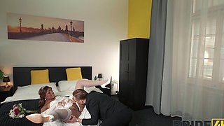 A beautiful black bride Vicky Menage gets married to a white man in a captivating scene.