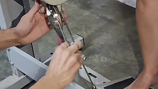 While I Pump the Pedal of My Cooking Machine in Panties This Man Looks at Me and Repairs the Machine