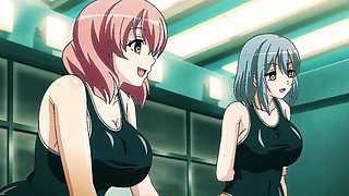 Four anime girls in black one-piece swimsuits on teal indoor pool deck