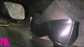 Revving and Driving in Black Pantyhose and Grey High Heels