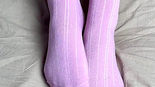 Pink Socks in Hands of Mistress with Blue Nails in Solo Video